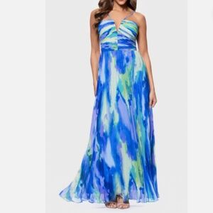 Xscape Blue Green Accordion Pleated Abstract Evening Gown Formal Long Dress 6